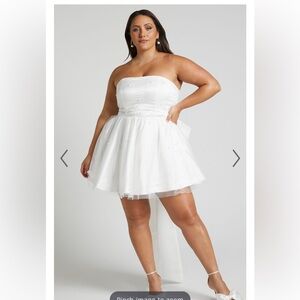CAILENE MINI DRESS - STRAPLESS BOW TRAIN bridal shower or wedding | SHOWPO